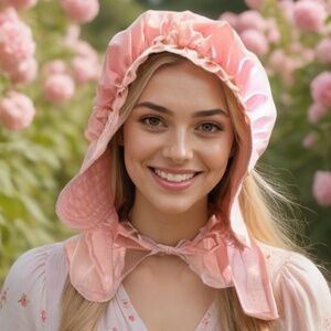 70s LINEN PINK SUN BONNET W LONG BRIM & RUFFLED BACK & TIE CHIN COTTAGECORE